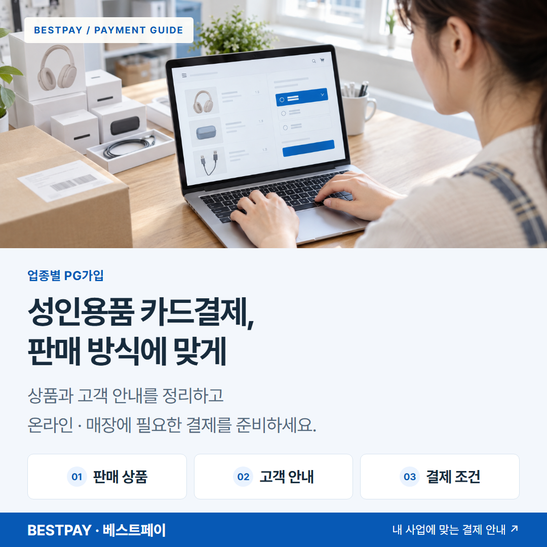 성인용품 카드결제, 판매 방식에 맞게 — 판매 상품, 고객 안내, 결제 조건 안내 — 쇼핑몰 운영자가 상품 주문과 카드결제를 확인하는 장면 — AI 연출 이미지