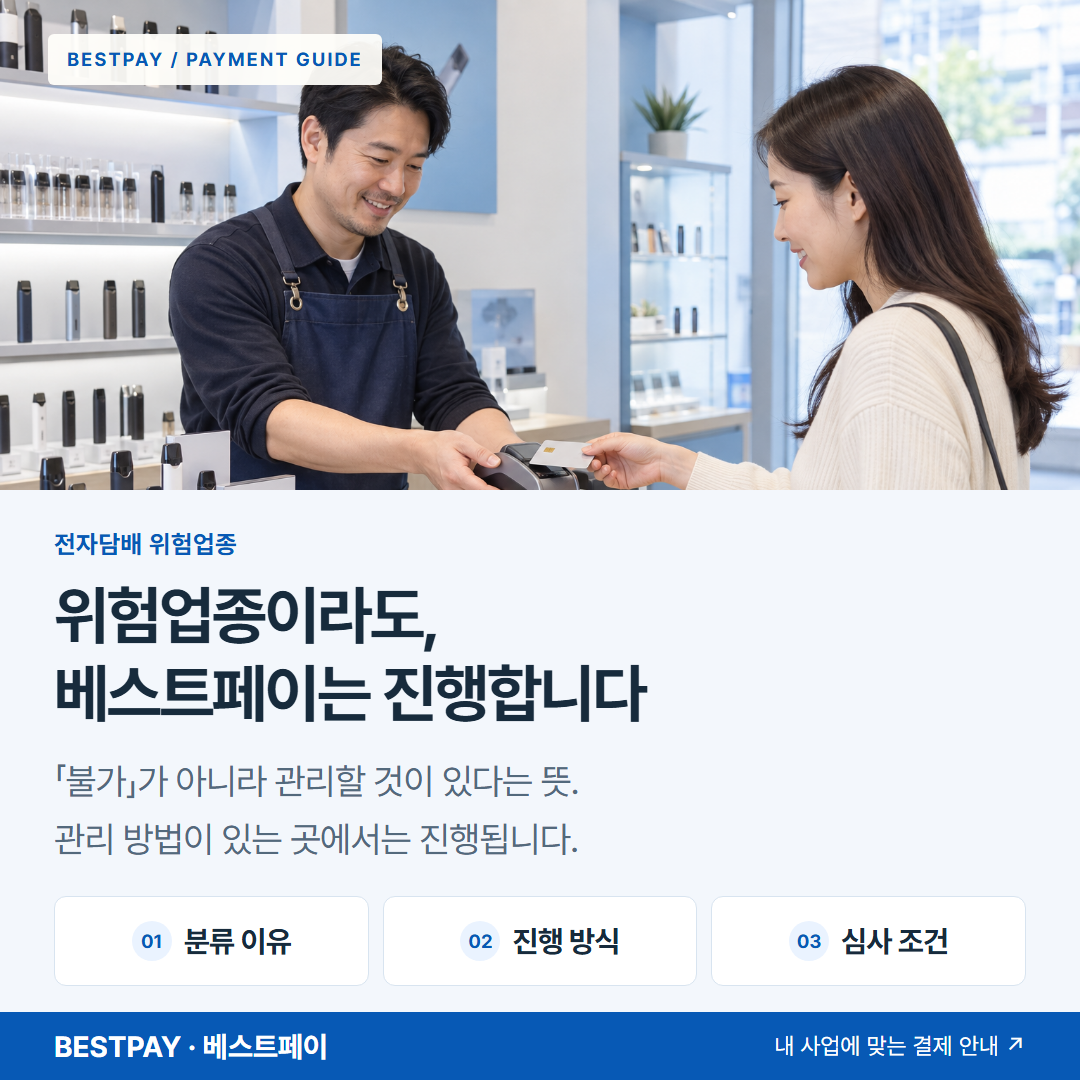 위험업종이라는 말, 결제의 관점에서 보기 — 분류 배경, 판매 방식, 운영 관리 안내 — 전자담배 전문 매장에서 카드단말기로 결제하는 사업자와 고객 — AI 연출 이미지