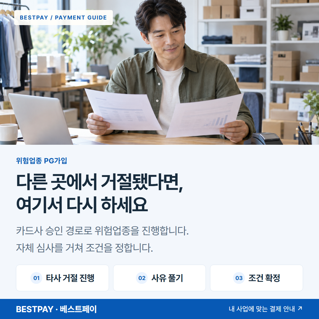 다른 PG사의 거절 안내문을 살펴보는 사업자 — AI 연출 이미지