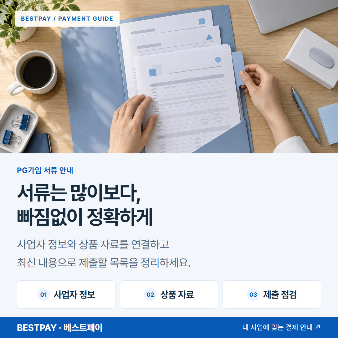 서류는 많이보다, 빠짐없이 정확하게 — 사업자 정보, 상품 자료, 제출 점검 안내 — PG가입에 필요한 사업 자료를 폴더에 정리하는 장면 — AI 연출 이미지