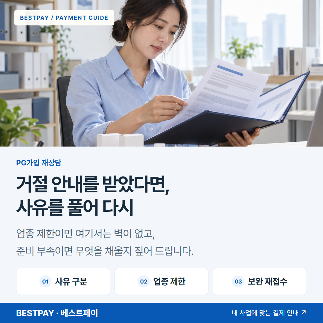 거절 안내를 받았다면, 다음 방법을 찾아봐요 — 사유 확인, 변경 내용, 다음 준비 안내 — 판매 상품의 공급 자료와 제품 표시를 검토하는 사업자 — AI 연출 이미지
