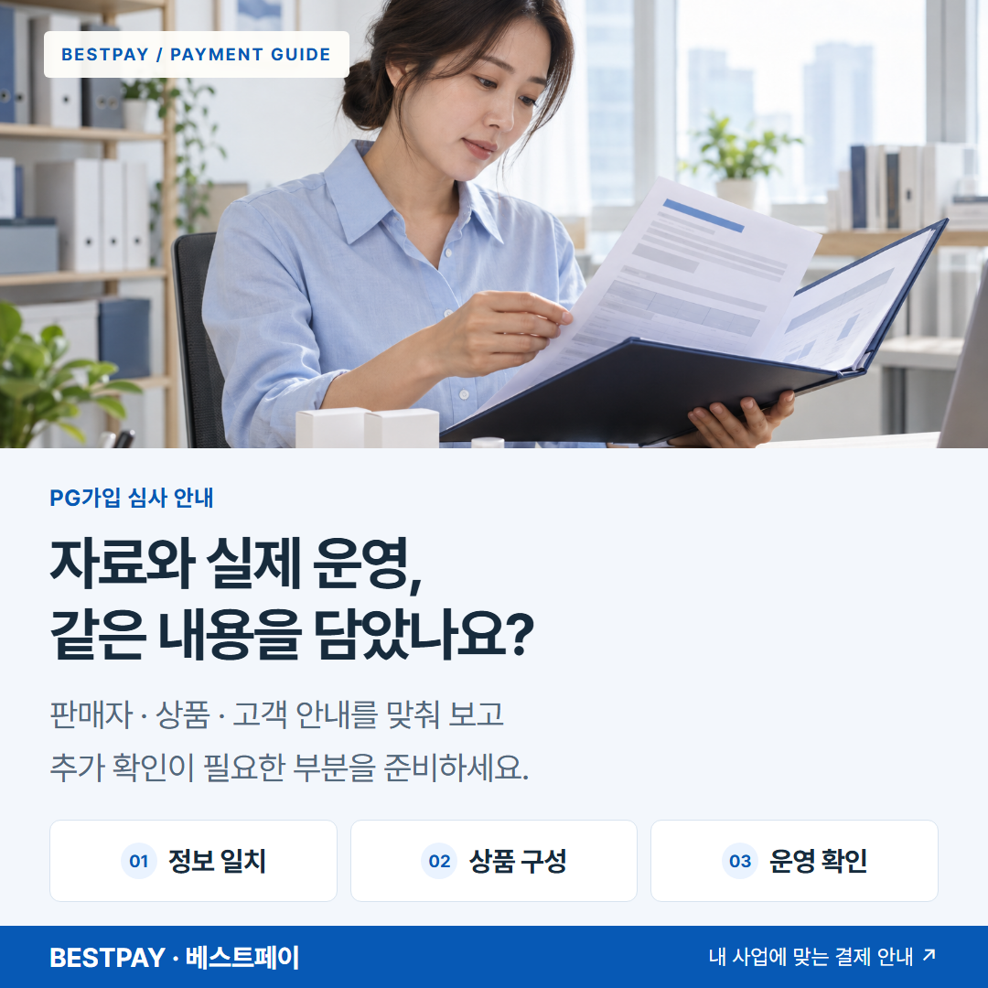 자료와 실제 운영, 같은 내용을 담았나요? — 정보 일치, 상품 구성, 운영 확인 안내 — 판매 상품의 공급 자료와 제품 표시를 검토하는 사업자 — AI 연출 이미지