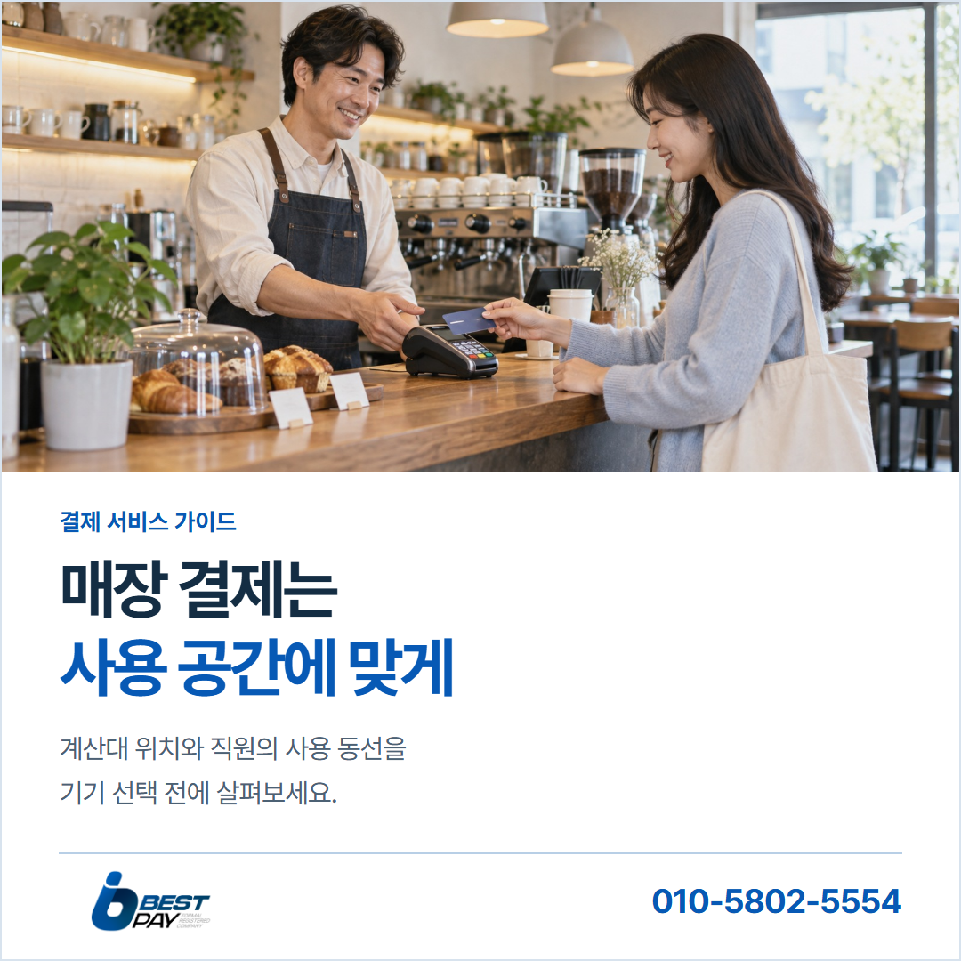 매장 결제는 · 사용 공간에 맞게 — 계산대 위치와 직원의 사용 동선을 기기 선택 전에 살펴보세요.
