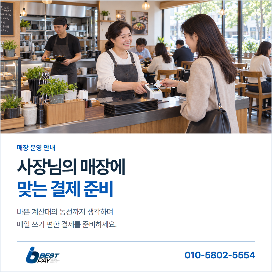 사장님의 매장에 · 맞는 결제 준비 — 바쁜 계산대의 동선까지 생각하며 매일 쓰기 편한 결제를 준비하세요.